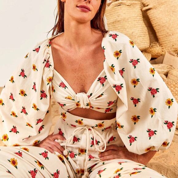 Farm Rio Mixed Cross Stitch Flowers Embroidered Long Balloon Sleeves Crop Top XL - Picture 13 of 14